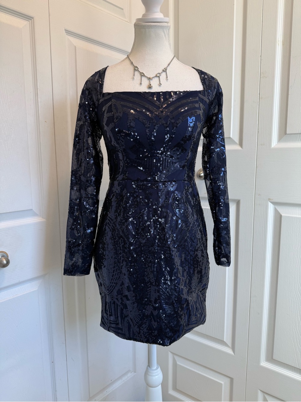 Navy Sequin Long Sleeve Cocktail Dress